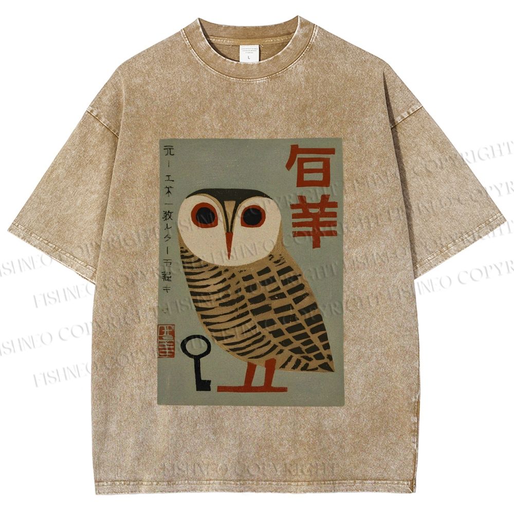 Unisex Vintage Japanese Owl Printed Washed Tee