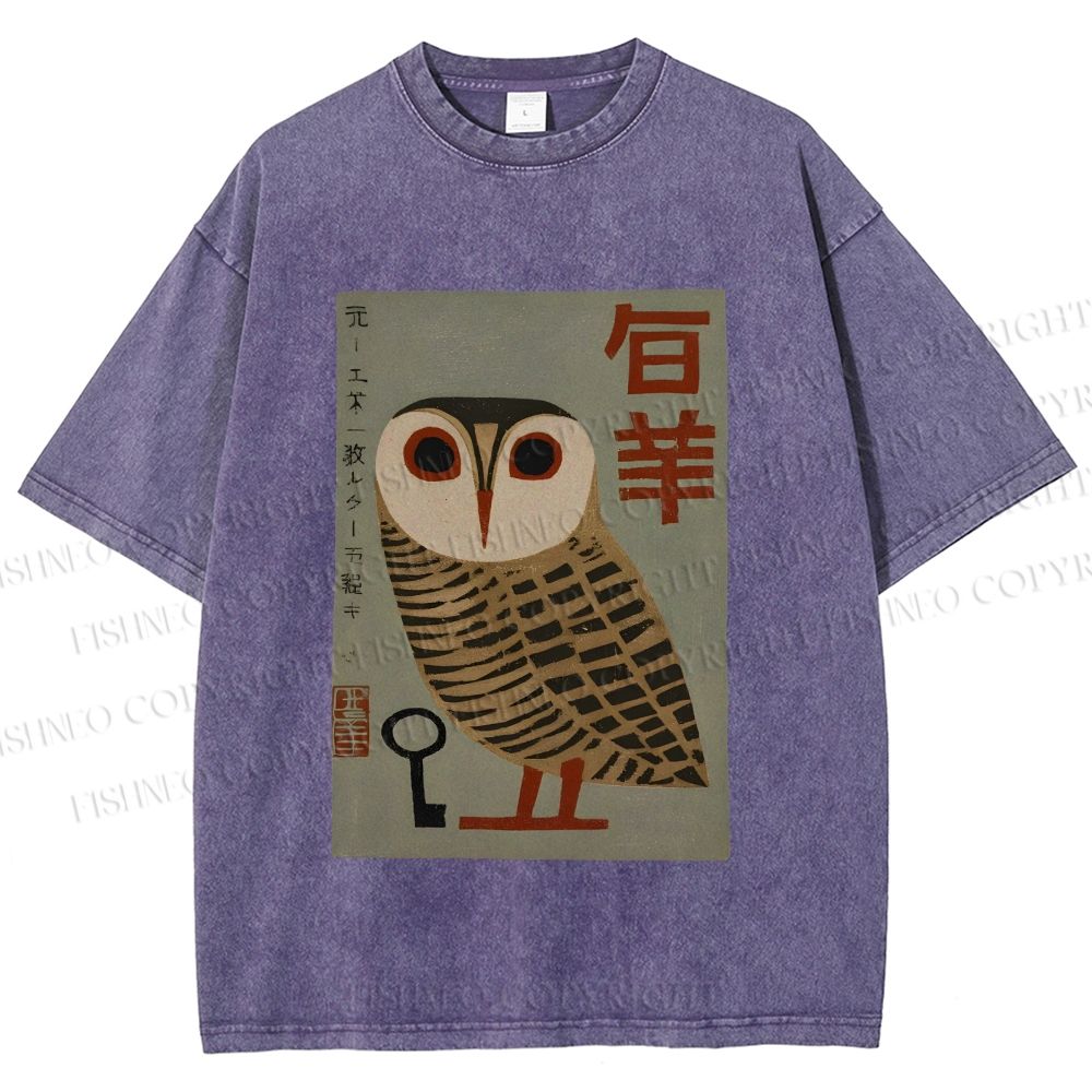 Unisex Vintage Japanese Owl Printed Washed Tee