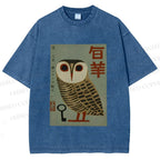 Unisex Vintage Japanese Owl Printed Washed Tee