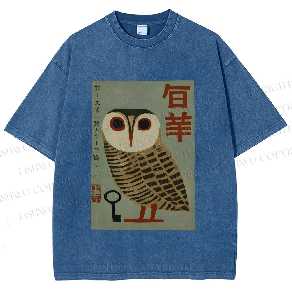 Unisex Vintage Japanese Owl Printed Washed Tee