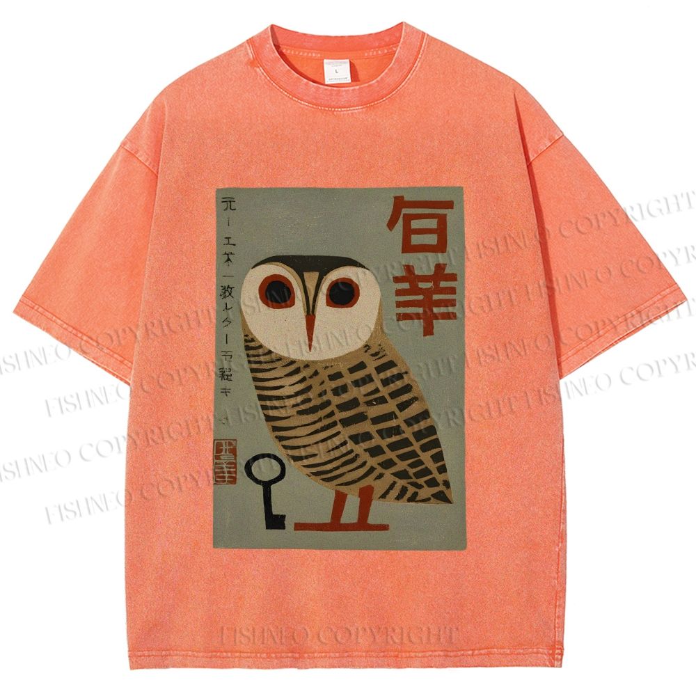 Unisex Vintage Japanese Owl Printed Washed Tee