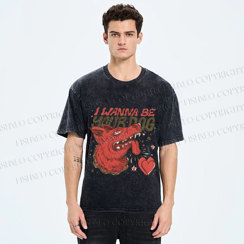 Unisex I Wanna Be Your Dog Silly Wolf Printed Washed Tee