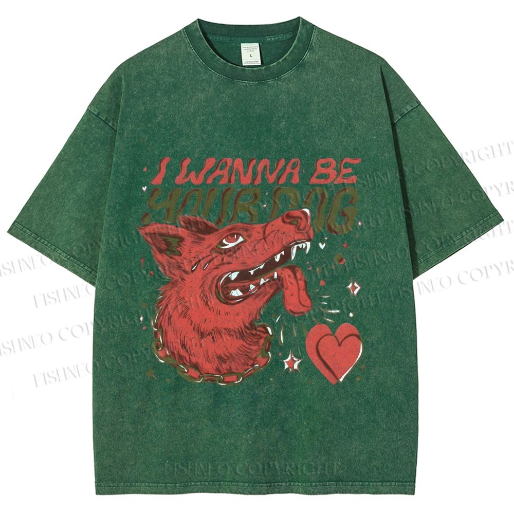 Unisex I Wanna Be Your Dog Silly Wolf Printed Washed Tee