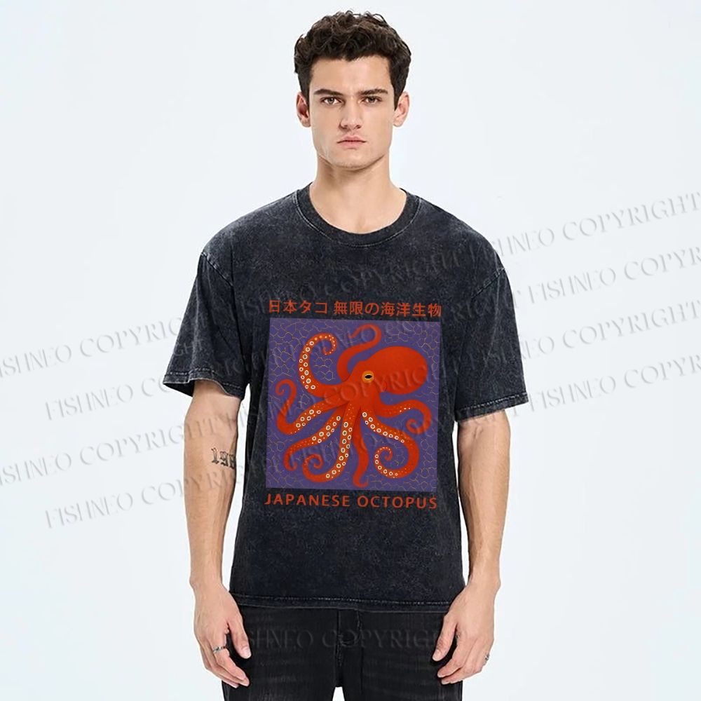Unisex Japanese Octopus Printed Washed Tee