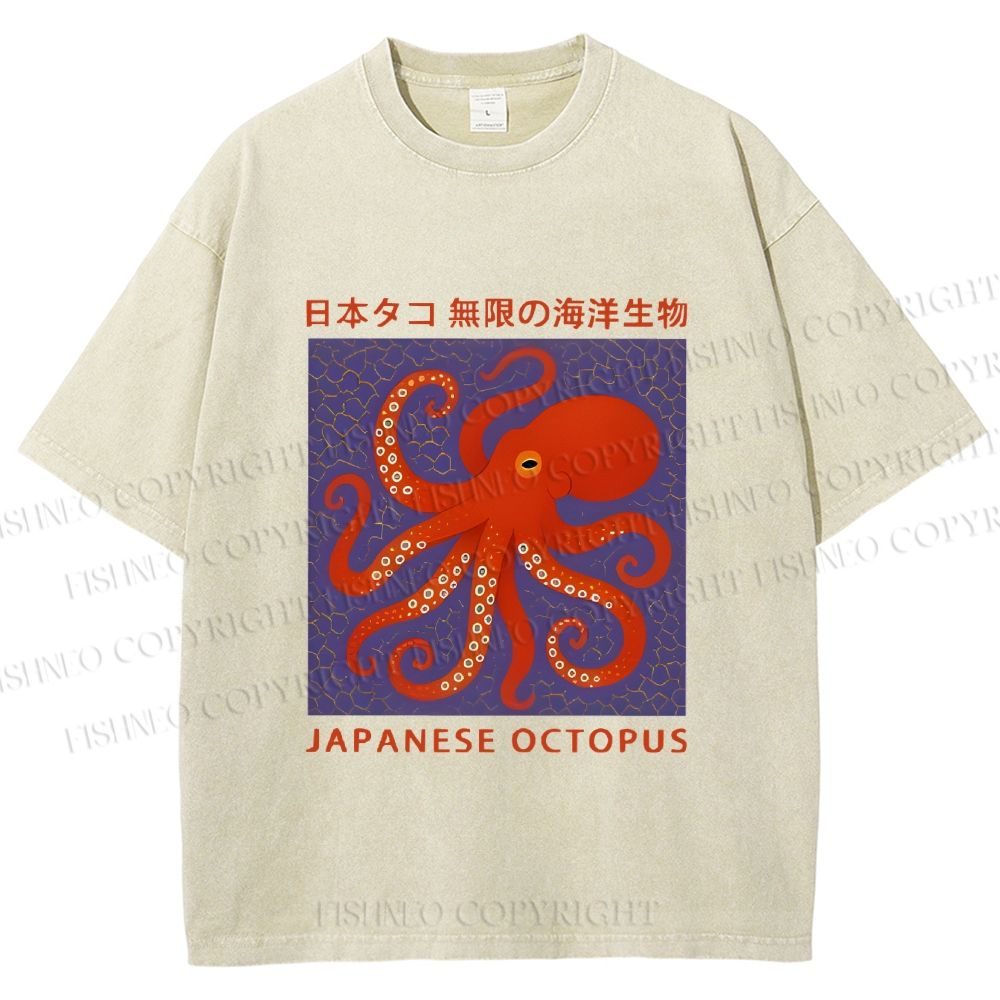 Unisex Japanese Octopus Printed Washed Tee
