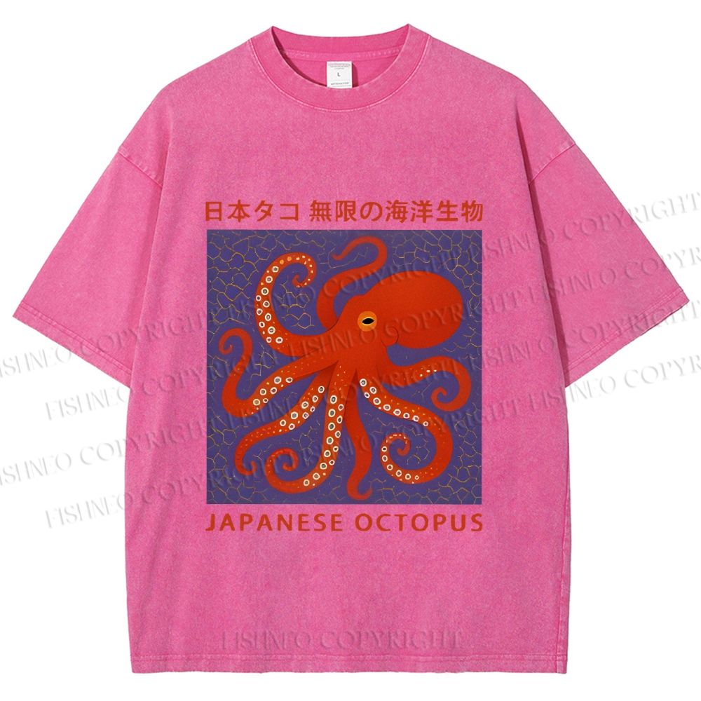 Unisex Japanese Octopus Printed Washed Tee