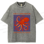 Unisex Japanese Octopus Printed Washed Tee