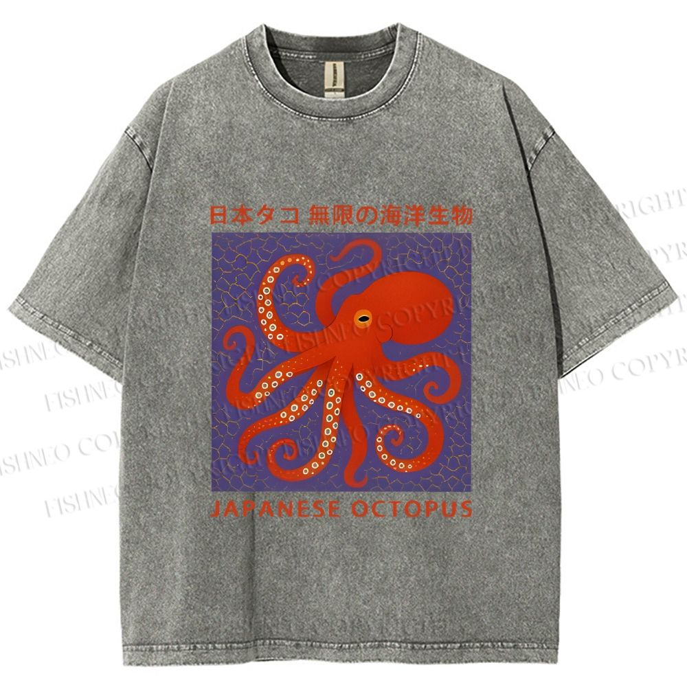 Unisex Japanese Octopus Printed Washed Tee