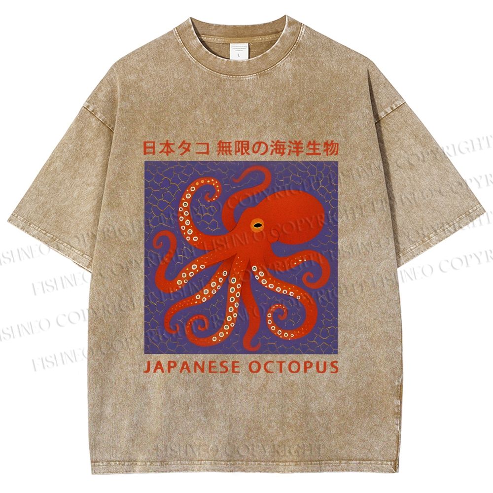 Unisex Japanese Octopus Printed Washed Tee
