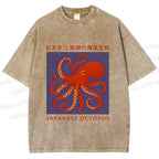 Unisex Japanese Octopus Printed Washed Tee