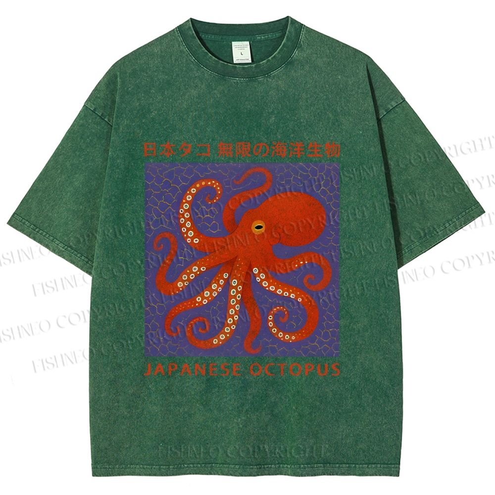 Unisex Japanese Octopus Printed Washed Tee