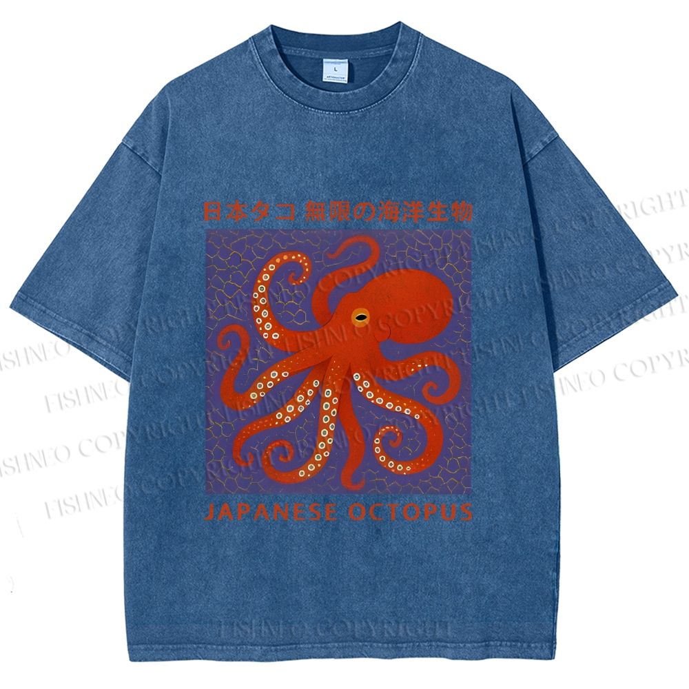Unisex Japanese Octopus Printed Washed Tee