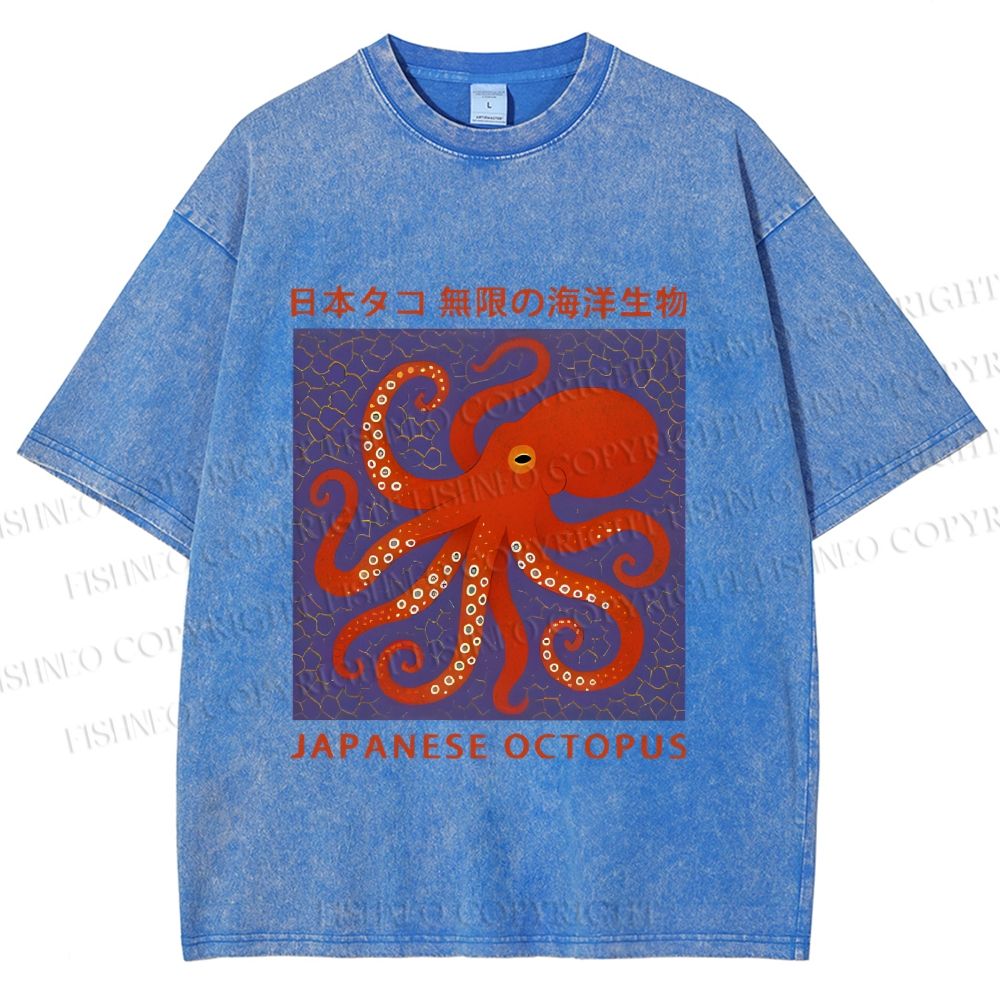 Unisex Japanese Octopus Printed Washed Tee