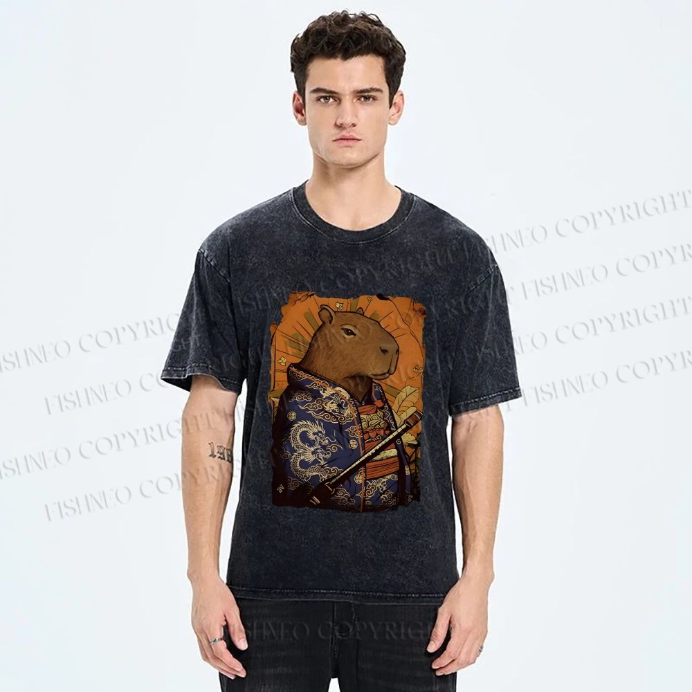 Unisex Edo Capybara Warrior Printed Washed Tee