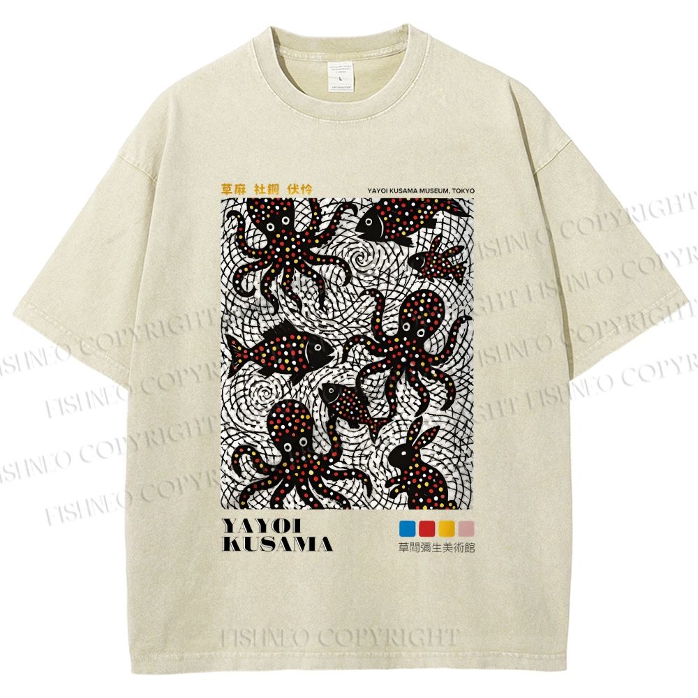 Unisex Yayoi Kusama Polka Dot Fish Octopus Printed Washed Tee