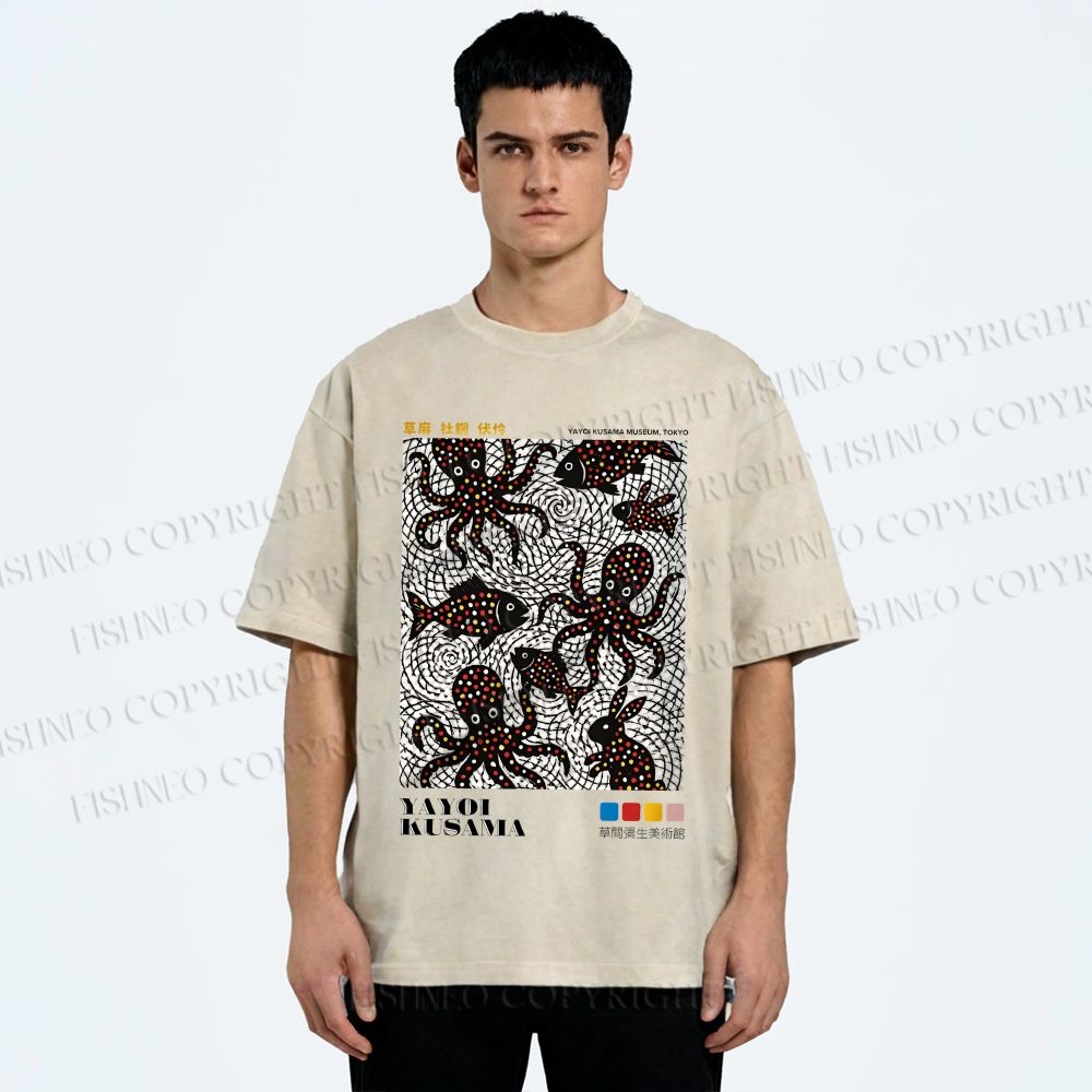 Unisex Yayoi Kusama Polka Dot Fish Octopus Printed Washed Tee