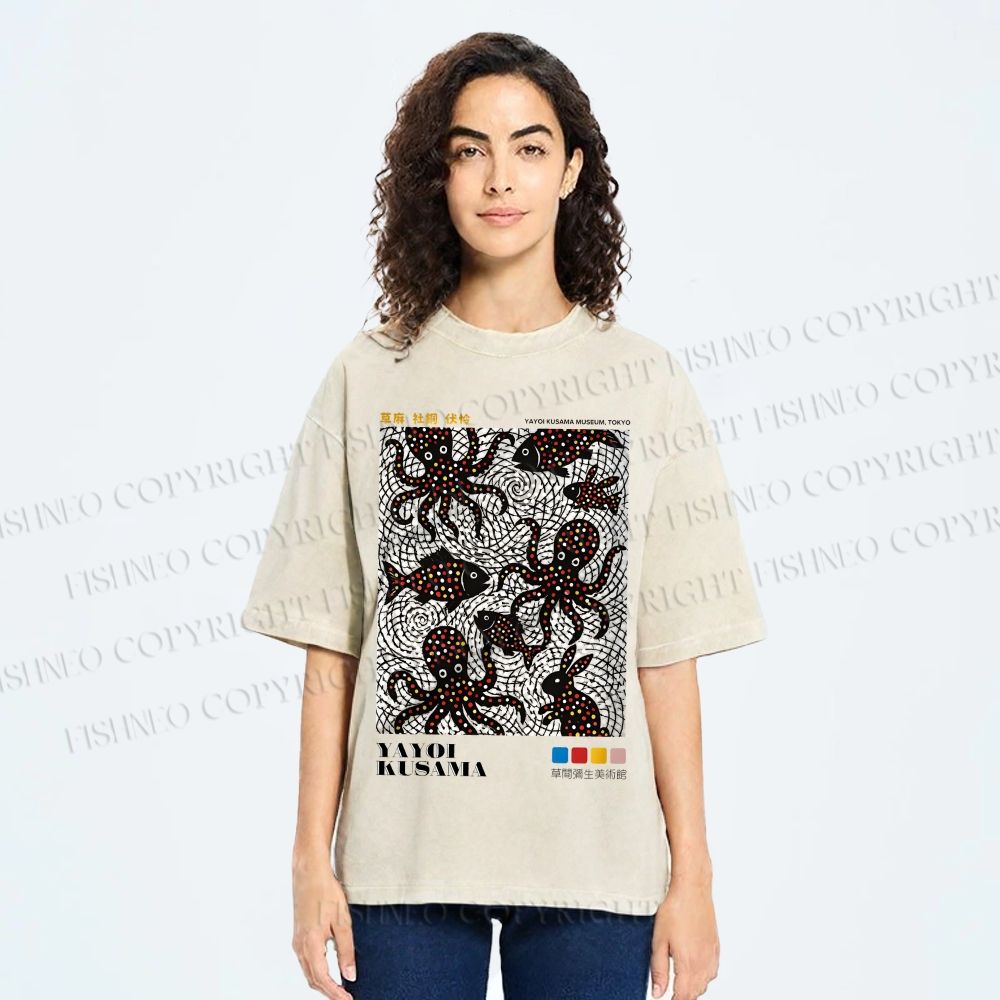 Unisex Yayoi Kusama Polka Dot Fish Octopus Printed Washed Tee