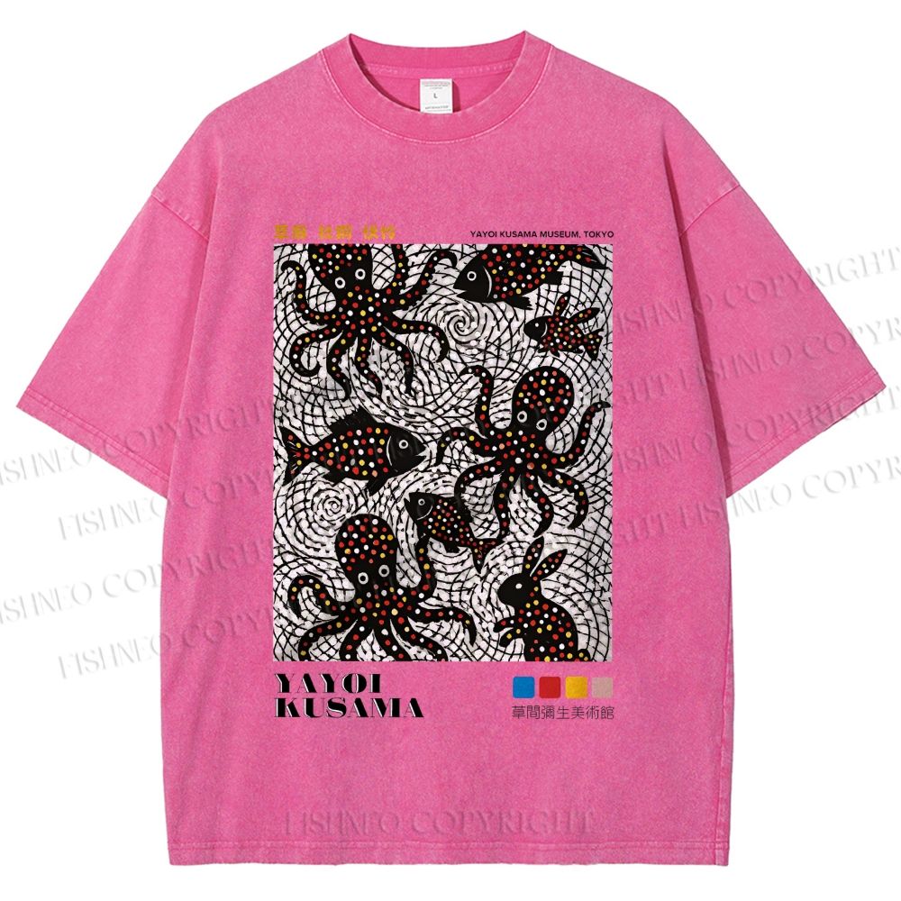 Unisex Yayoi Kusama Polka Dot Fish Octopus Printed Washed Tee