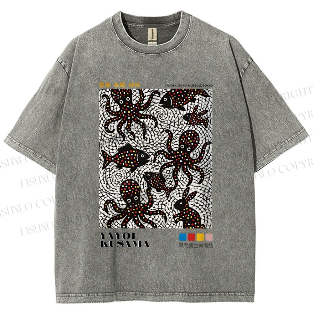 Unisex Yayoi Kusama Polka Dot Fish Octopus Printed Washed Tee