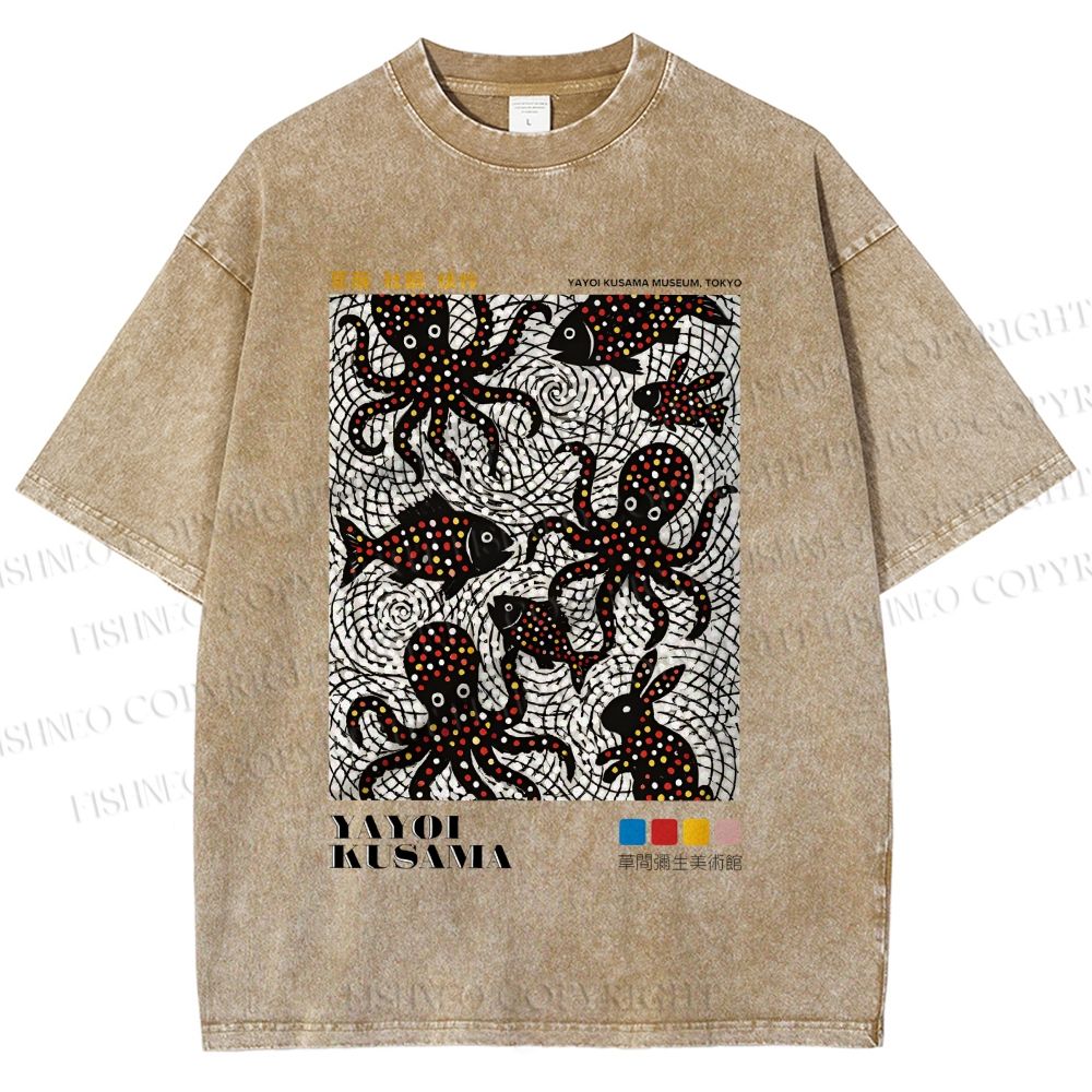 Unisex Yayoi Kusama Polka Dot Fish Octopus Printed Washed Tee