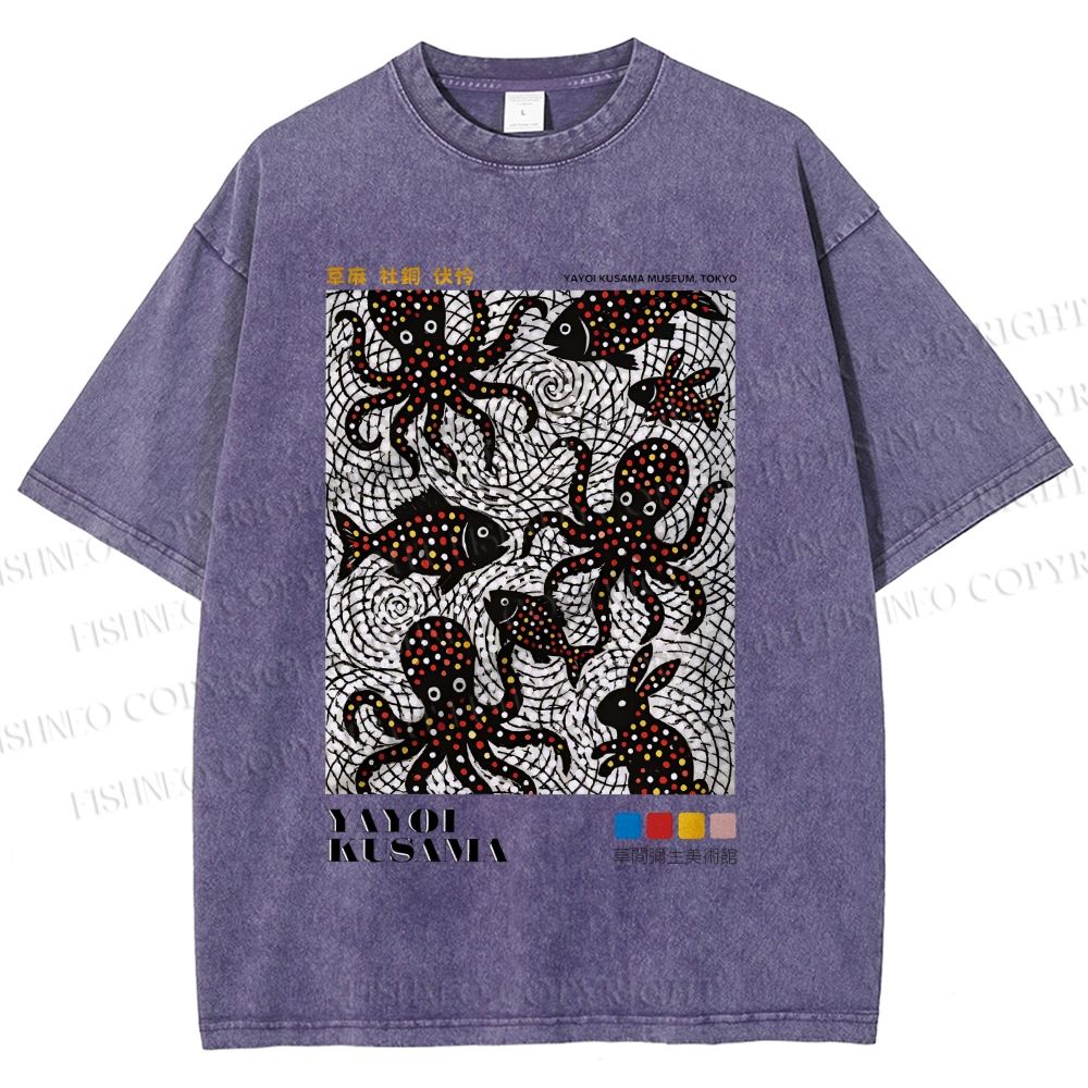 Unisex Yayoi Kusama Polka Dot Fish Octopus Printed Washed Tee