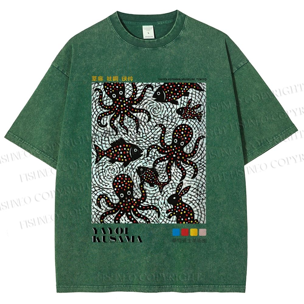 Unisex Yayoi Kusama Polka Dot Fish Octopus Printed Washed Tee