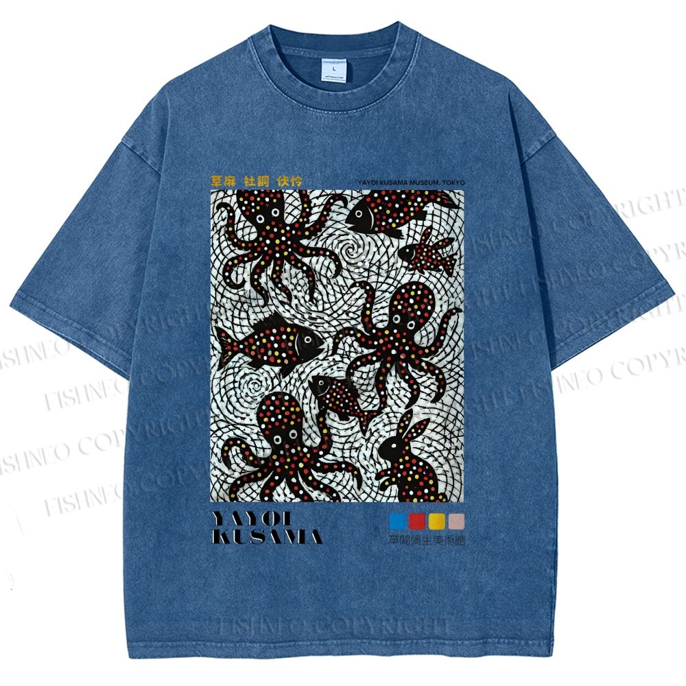 Unisex Yayoi Kusama Polka Dot Fish Octopus Printed Washed Tee