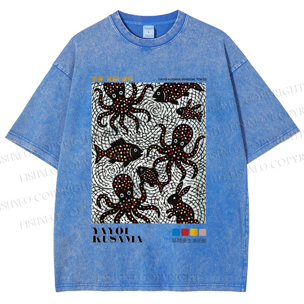 Unisex Yayoi Kusama Polka Dot Fish Octopus Printed Washed Tee
