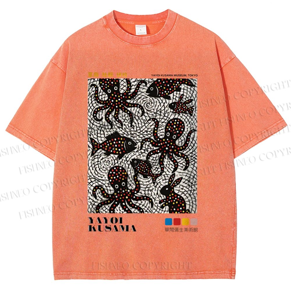Unisex Yayoi Kusama Polka Dot Fish Octopus Printed Washed Tee