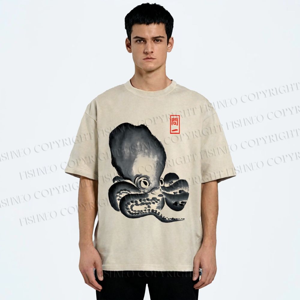 Unisex Japan Vintage Octopus Printed Washed Tee