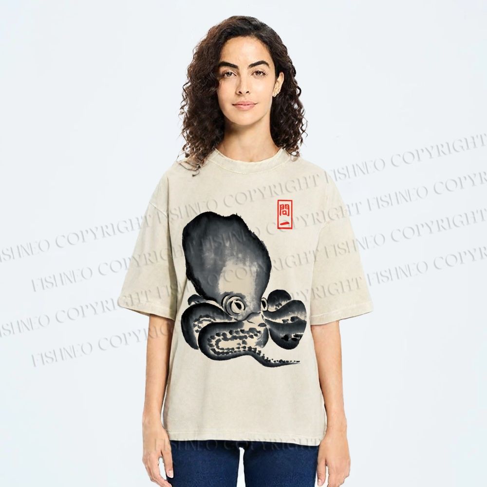 Unisex Japan Vintage Octopus Printed Washed Tee