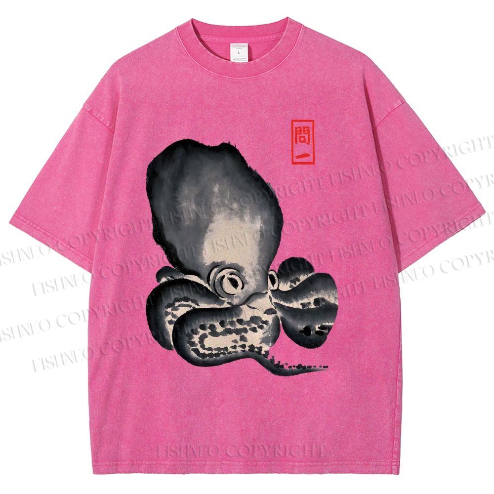 Unisex Japan Vintage Octopus Printed Washed Tee
