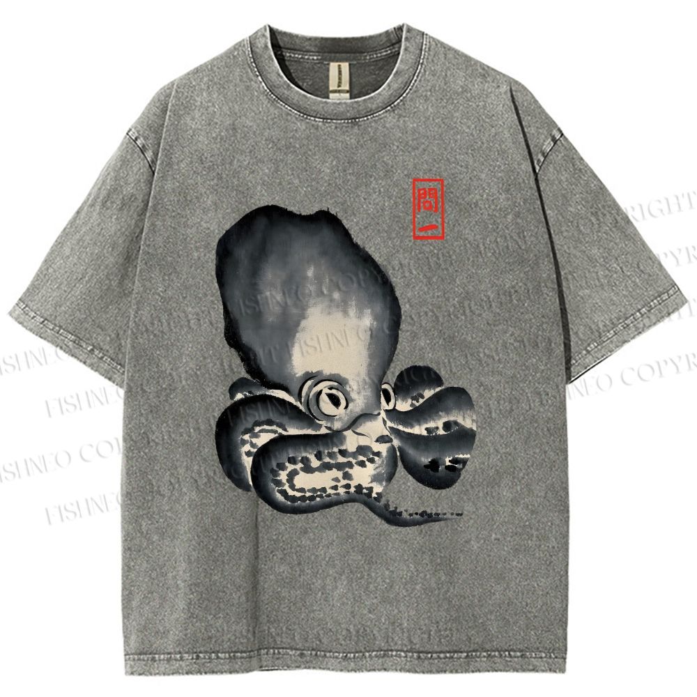 Unisex Japan Vintage Octopus Printed Washed Tee