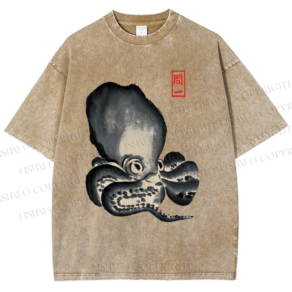 Unisex Japan Vintage Octopus Printed Washed Tee