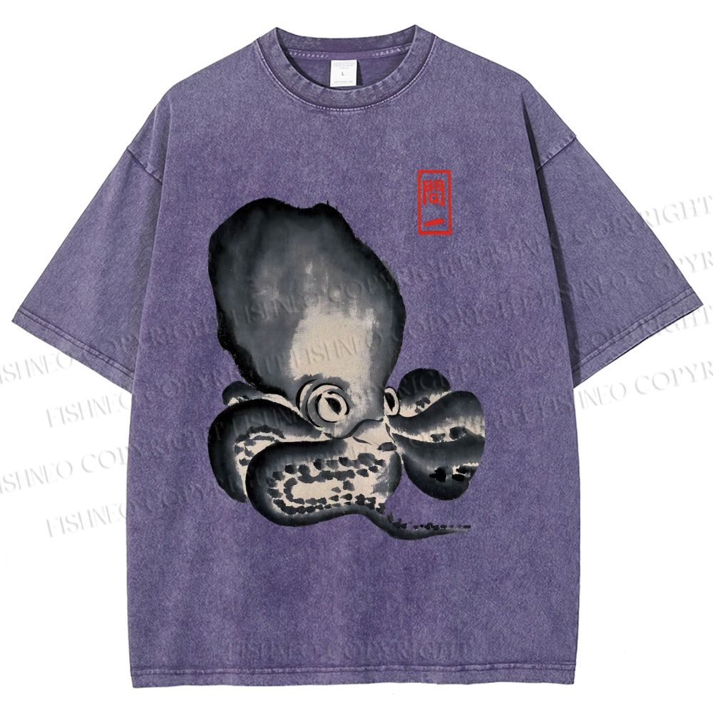 Unisex Japan Vintage Octopus Printed Washed Tee