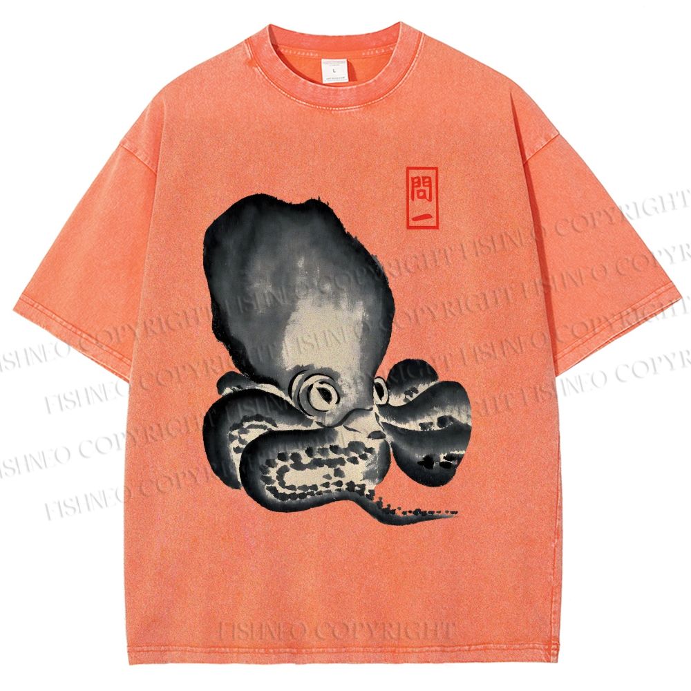 Unisex Japan Vintage Octopus Printed Washed Tee
