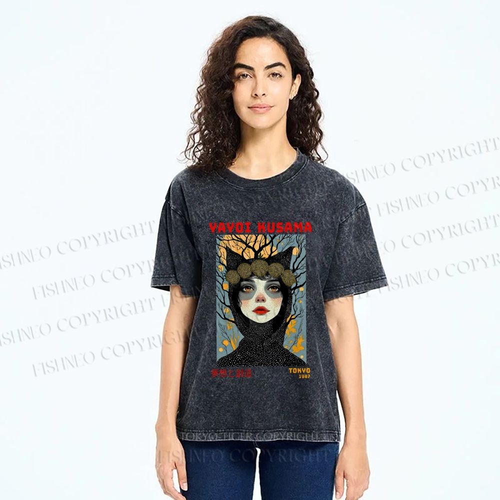 Unisex Yayoi Kusama Cat-Ear Muse Printed Washed Tee