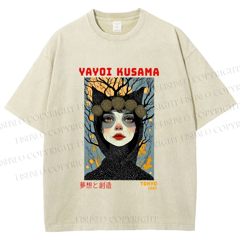 Unisex Yayoi Kusama Cat-Ear Muse Printed Washed Tee