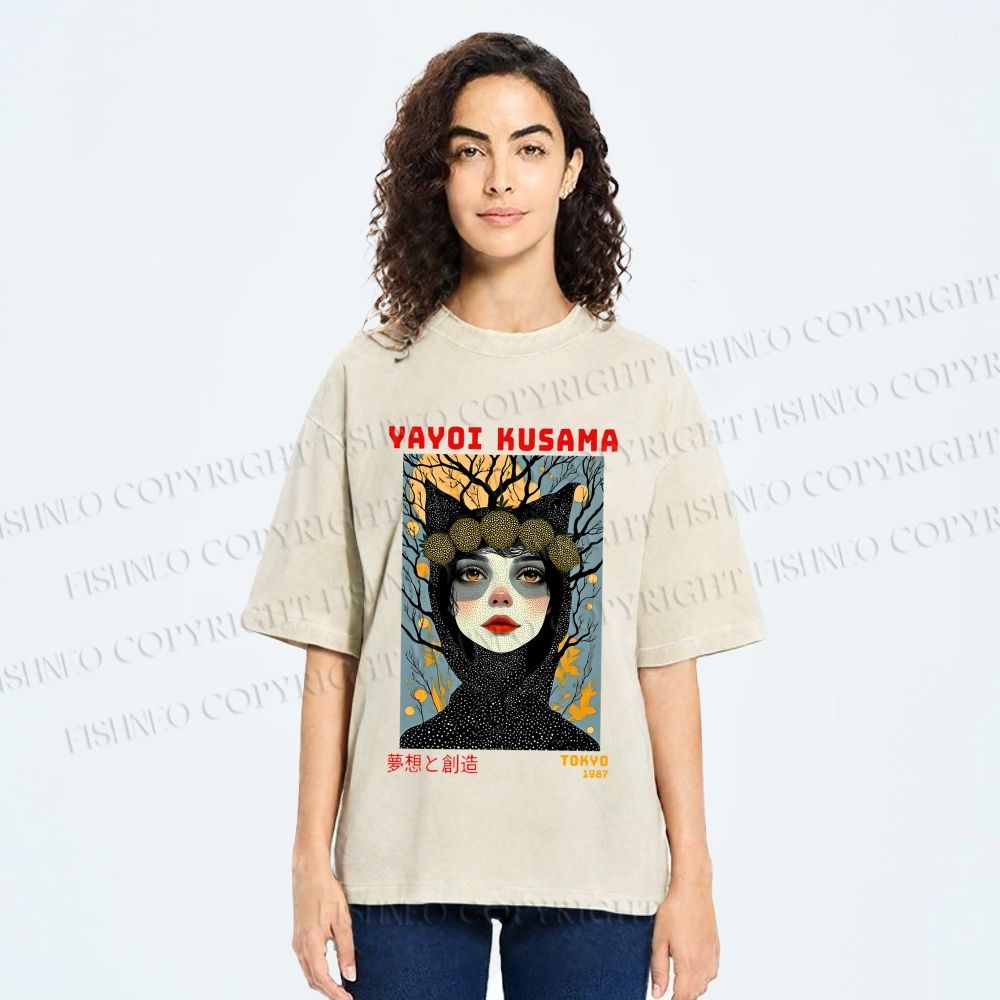 Unisex Yayoi Kusama Cat-Ear Muse Printed Washed Tee