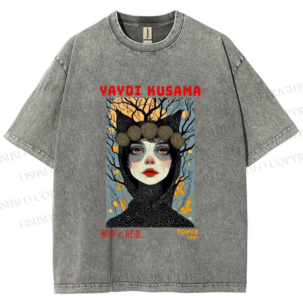 Unisex Yayoi Kusama Cat-Ear Muse Printed Washed Tee