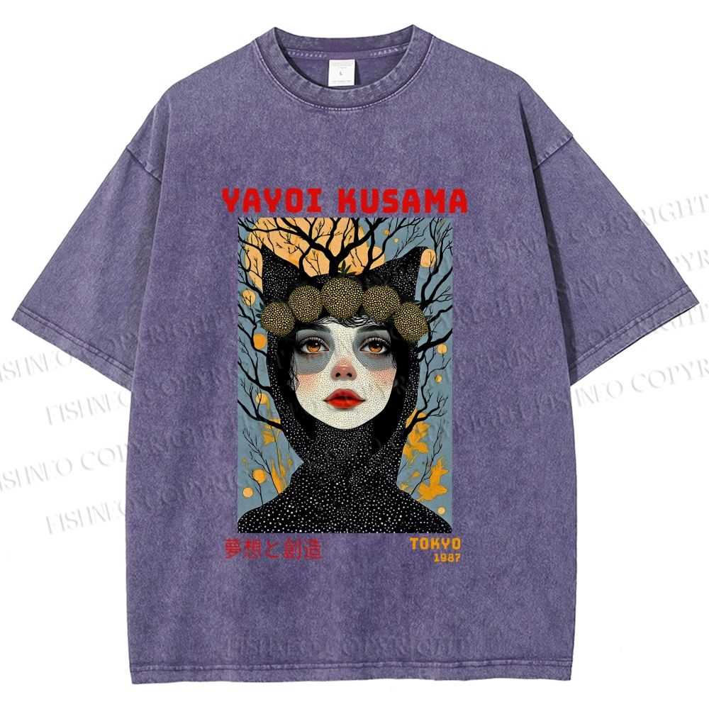 Unisex Yayoi Kusama Cat-Ear Muse Printed Washed Tee
