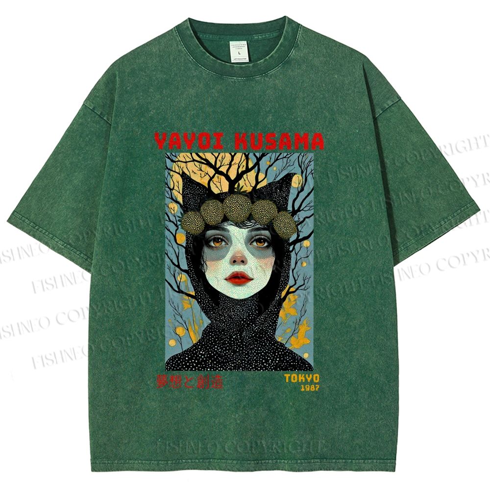 Unisex Yayoi Kusama Cat-Ear Muse Printed Washed Tee
