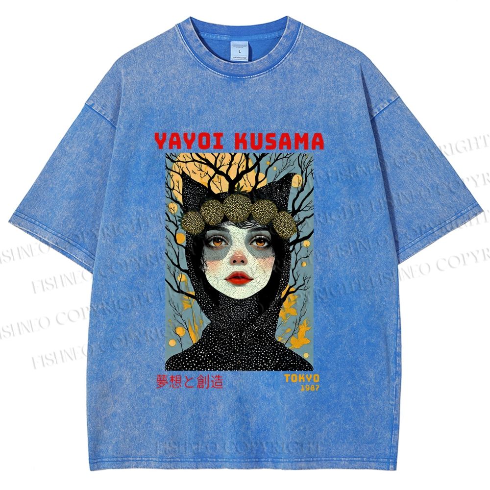 Unisex Yayoi Kusama Cat-Ear Muse Printed Washed Tee