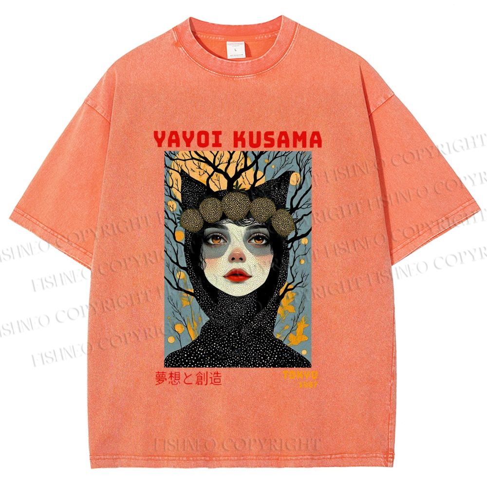 Unisex Yayoi Kusama Cat-Ear Muse Printed Washed Tee