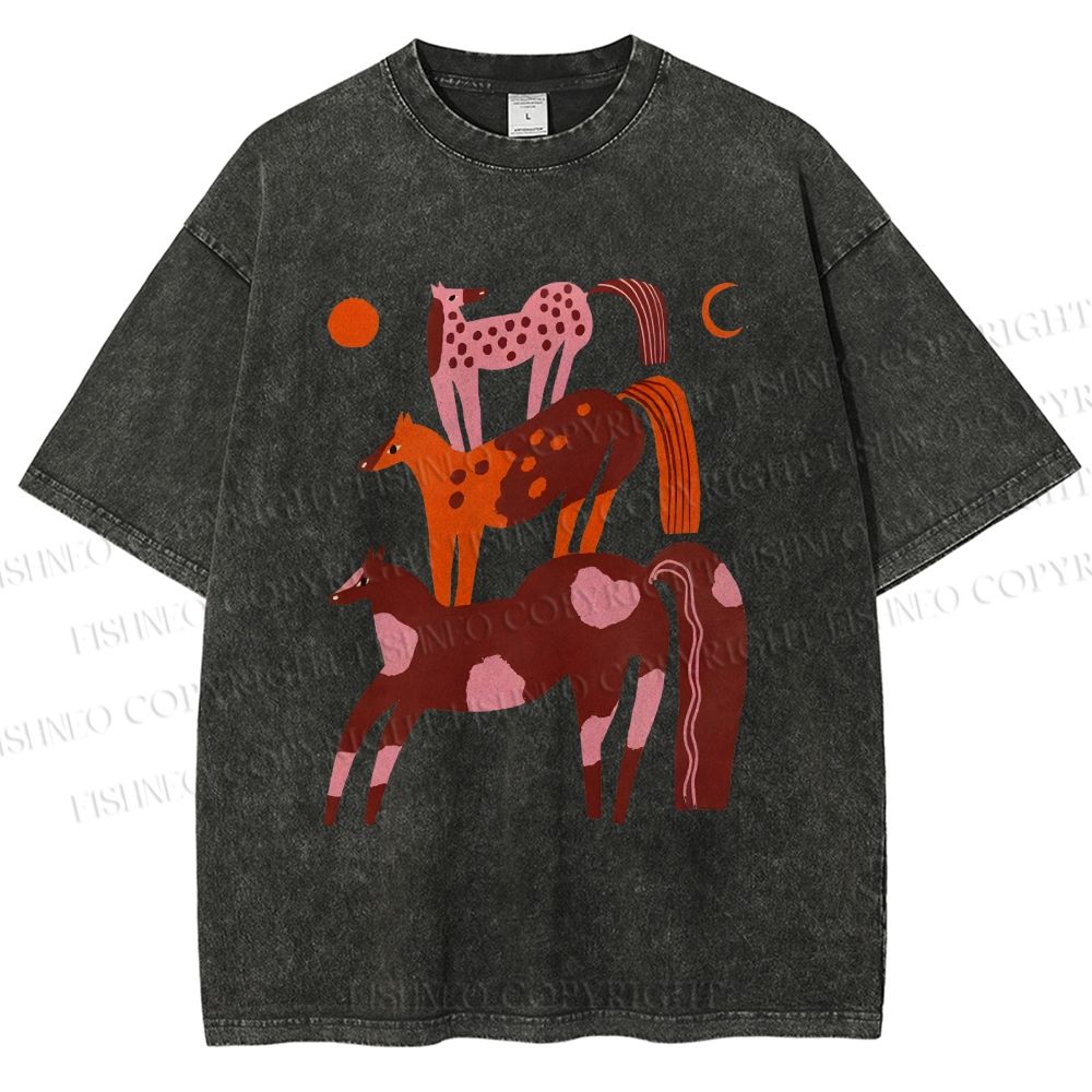 Unisex Colorful Cartoon Horse Printed Washed Tee