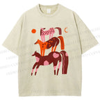 Unisex Colorful Cartoon Horse Printed Washed Tee