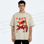 Unisex Colorful Cartoon Horse Printed Washed Tee