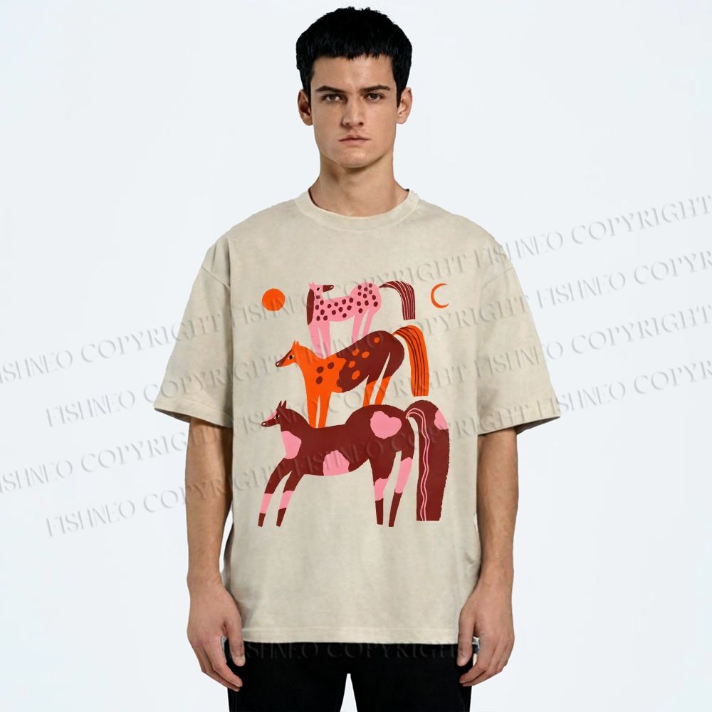Unisex Colorful Cartoon Horse Printed Washed Tee