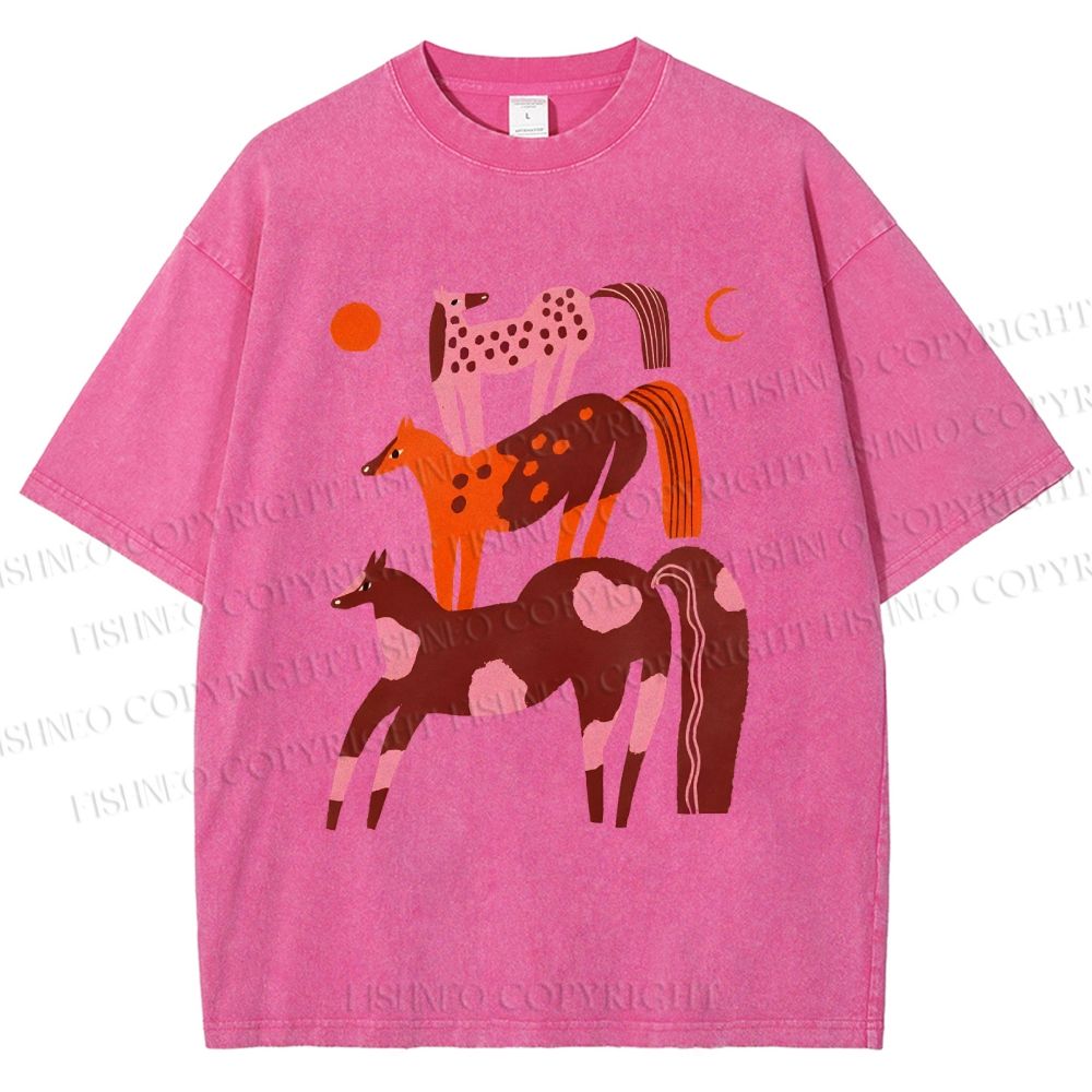 Unisex Colorful Cartoon Horse Printed Washed Tee