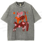 Unisex Colorful Cartoon Horse Printed Washed Tee